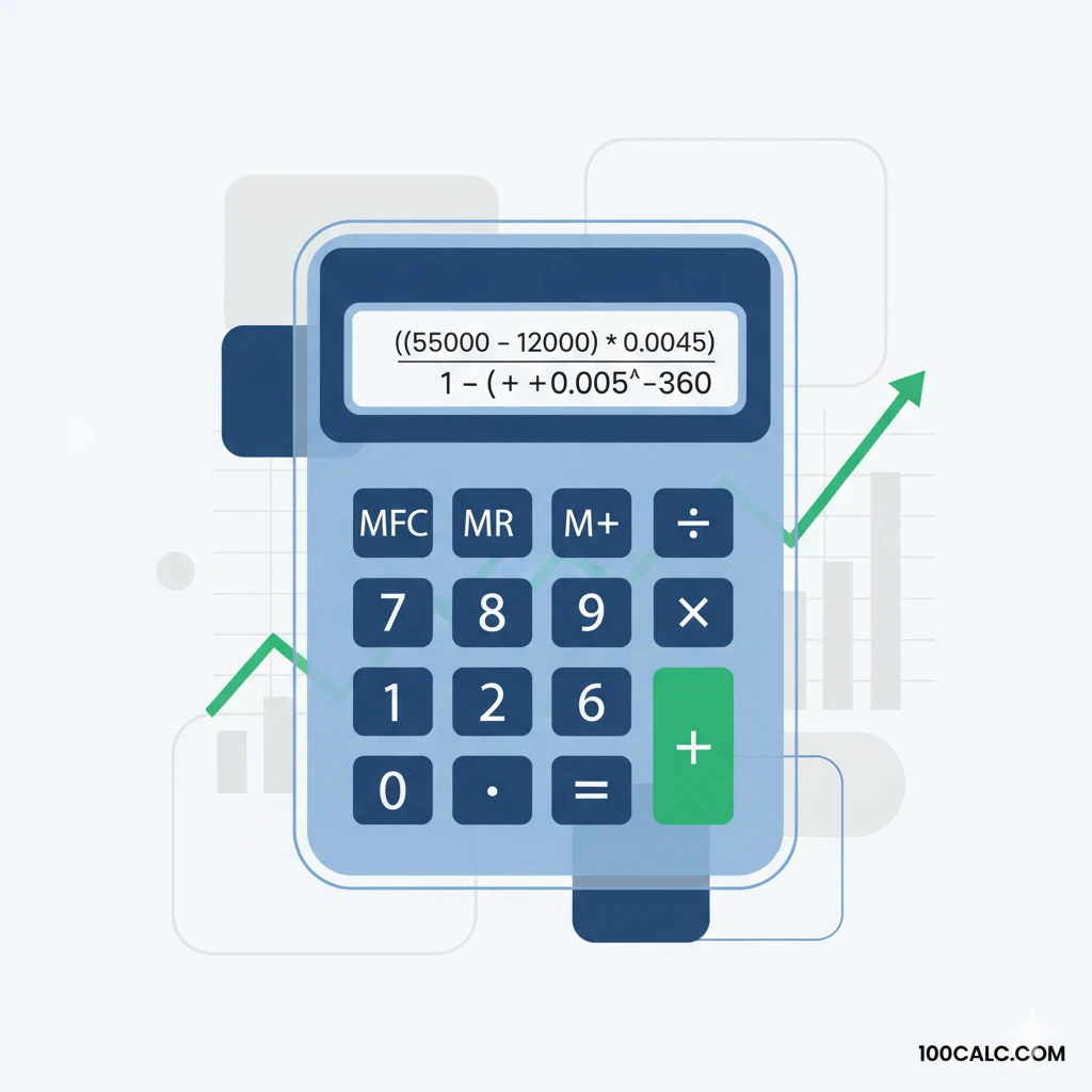 Illustration of a blue calculator with financial formula on screen and upward green growth arrow – representing smart online calculations at 100calc.com.
