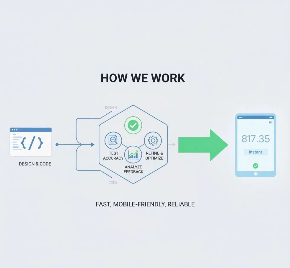 Visual workflow of 100calc.com's calculator development process, from coding and testing to accurate, instant results.