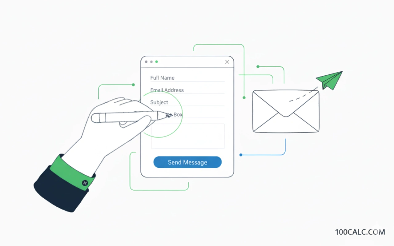 Illustration of a hand filling out a digital contact form to send a message to 100calc.com.