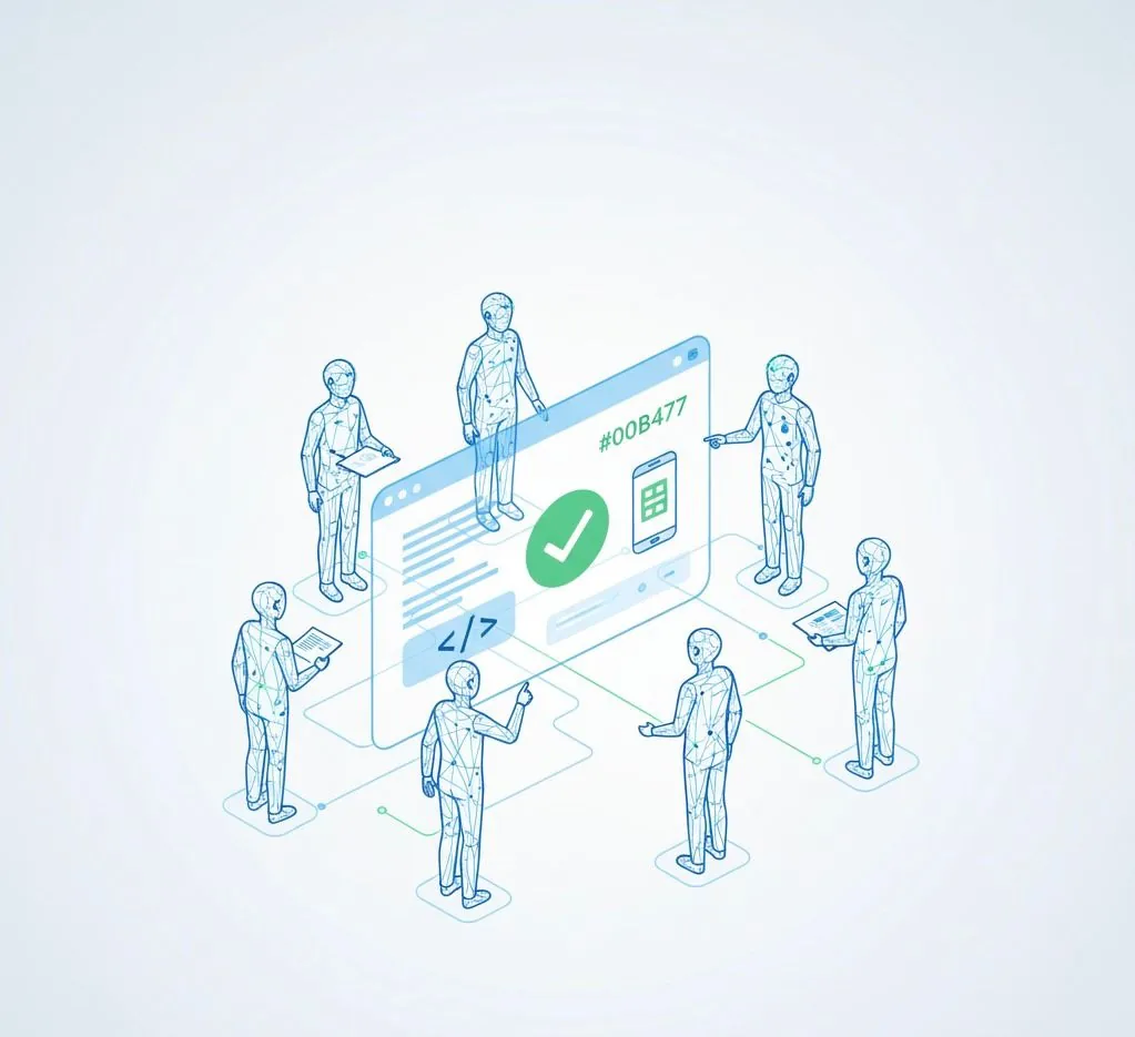 Abstract illustration of a diverse team collaboratively developing and refining online calculators for 100calc.com.