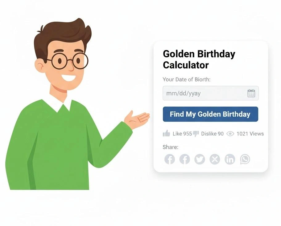 A friendly, modern illustration of a young man with glasses gesturing towards a Golden Birthday Calculator user interface, showing input fields for date of birth and a 'Find My Golden Birthday' button, along with social share options.