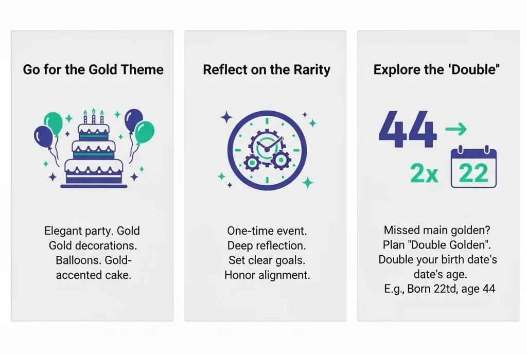 Three visual tips for Golden Birthday planning: 'Go for the Gold Theme' with a cake and balloons, 'Reflect on the Rarity' with a clock and gears, and 'Explore the Double Golden' showing an example of turning 44 on the 22nd.