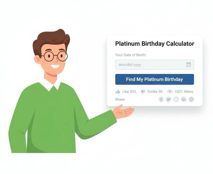 A friendly, modern illustration of a young man with glasses gesturing towards a Platinum Birthday Calculator user interface, showing an input field for date of birth and a 'Find My Platinum Birthday' button, along with social share options.