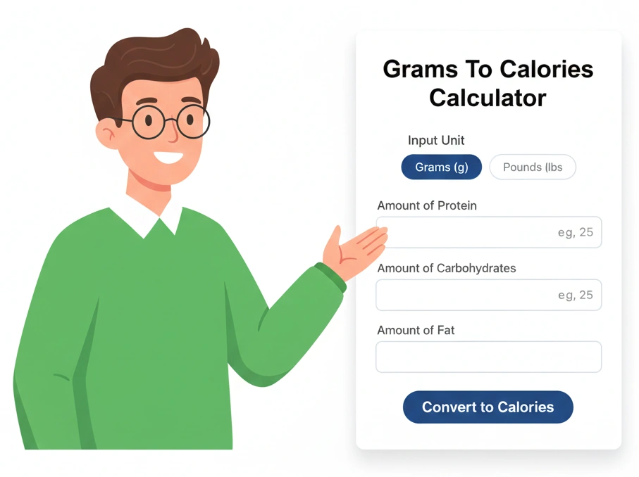 A friendly, modern illustration of a young man with glasses gesturing towards a Grams To Calories Calculator user interface, featuring input unit selection (grams or pounds), fields for protein, carbohydrates, and fat, and a 'Convert to Calories' button.