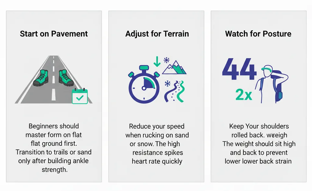 Three visual rucking tips: 'Start on Pavement' with boots on a road; 'Adjust for Terrain' with a stopwatch, mountains, and snow; and 'Watch Your Posture' showing a person with a rucksack and a healthy spine, emphasizing proper form.