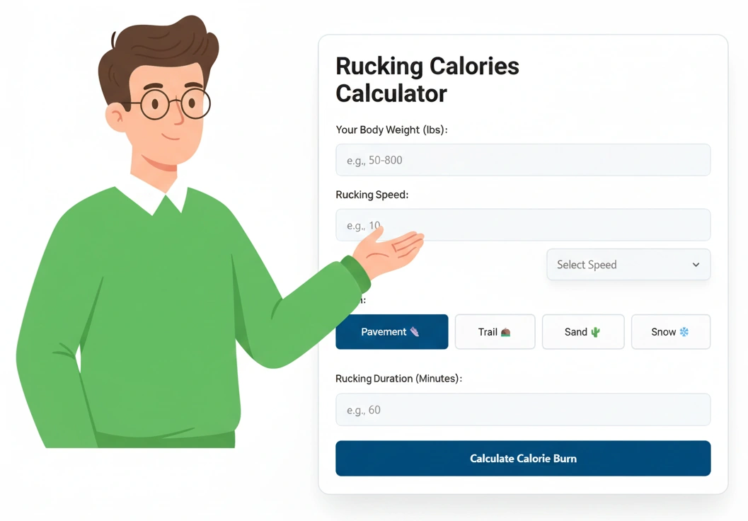 A friendly, modern illustration of a young man with glasses gesturing towards a Rucking Calories Calculator user interface, featuring input fields for body weight, ruck weight, speed, terrain, duration, and a 'Calculate Calorie Burn' button.