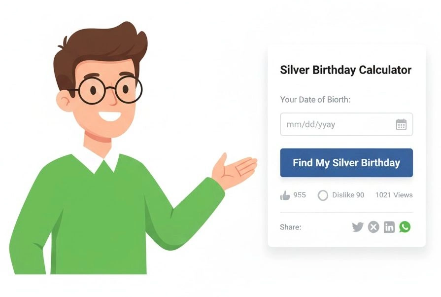 A friendly, modern illustration of a young man with glasses gesturing towards a Silver Birthday Calculator user interface, showing an input field for date of birth and a 'Find My Silver Birthday' button, along with social share options.