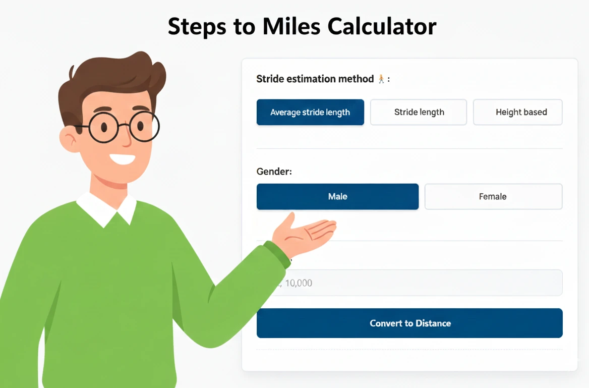 A friendly, modern illustration of a young man with glasses gesturing towards a Steps to Miles Calculator user interface, featuring options for stride estimation (average, custom, height-based), gender selection, number of steps input, and a 'Convert to Distance' button.