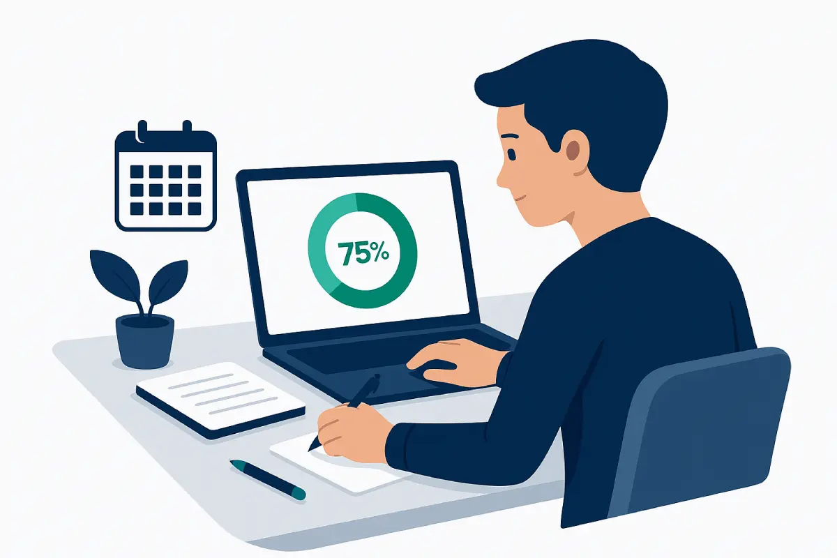 Student checking class attendance percentage on a laptop using an online attendance calculator tool, surrounded by study materials.