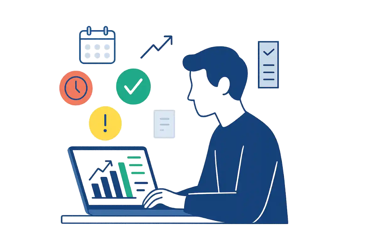 Student planning to improve attendance with digital progress tracker and checklist icons.