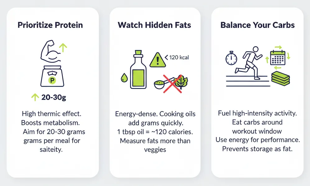 Three visual nutrition tips related to Grams To Calories: 'Prioritize Protein' showing a protein bag with muscle; 'Watch Hidden Fats' with cooking oil and dressing bottles indicating 120 calories; and 'Balance Your Carbs' with a runner and calendar for workout timing.