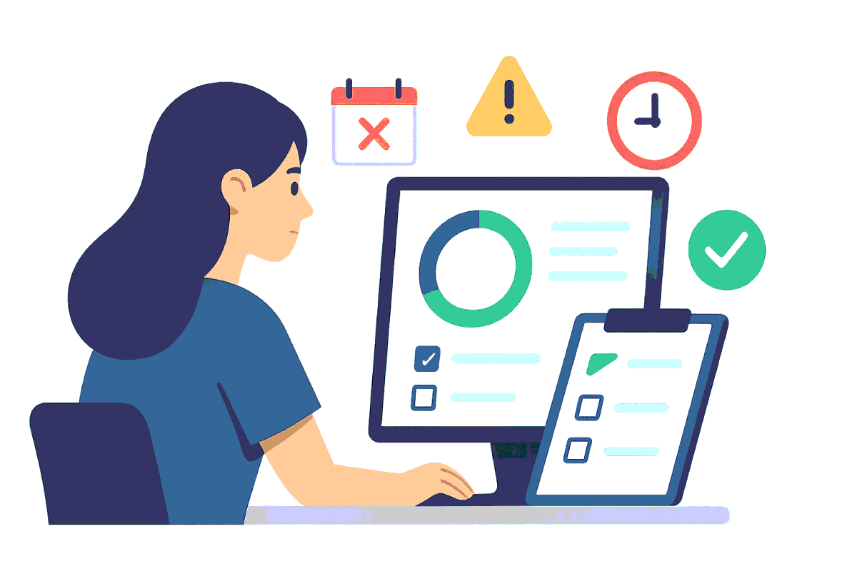 Flat educational infographic showing student checking attendance tracker with icons for common attendance mistakes like missed classes, wrong data entry, and late updates.