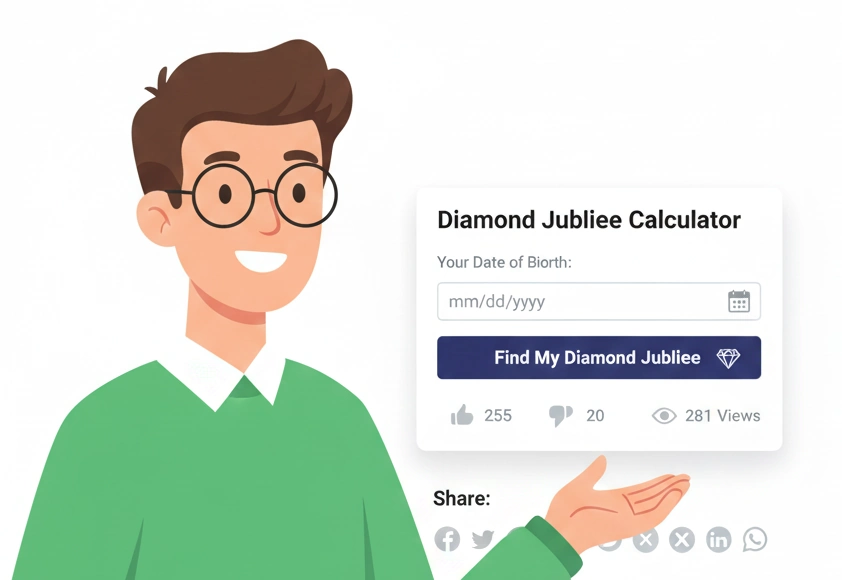 A friendly, modern illustration of a young man with glasses gesturing towards a Diamond Jubilee Calculator user interface, showing an input field for date of birth and a 'Find My Diamond Jubilee' button, along with social share options.