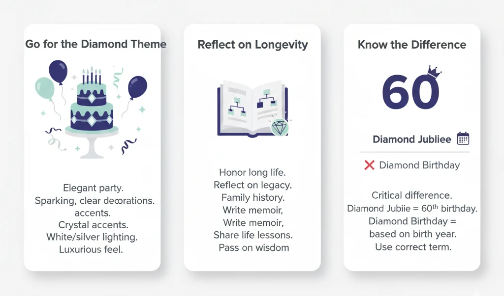 Three visual tips for Diamond Jubilee celebration: 'Go for the Diamond Theme' with a cake, balloons, and crystals; 'Reflect on Longevity' with an open book and diamond icon; and 'Know the Difference' highlighting that Diamond Jubilee is the 60th birthday, distinct from a Diamond Birthday.