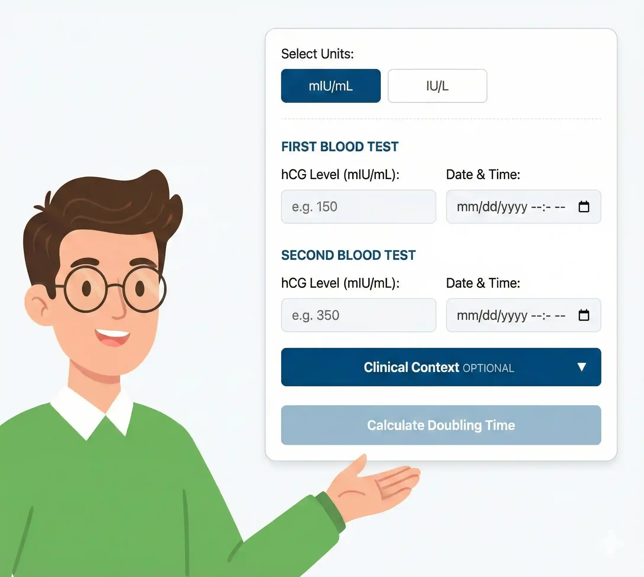 Illustration of an online hCG doubling time calculator interface introduced by a cartoon character. The tool features input fields for hCG levels and dates for a "First Blood Test" and "Second Blood Test," with a 'Calculate Doubling Time' button.