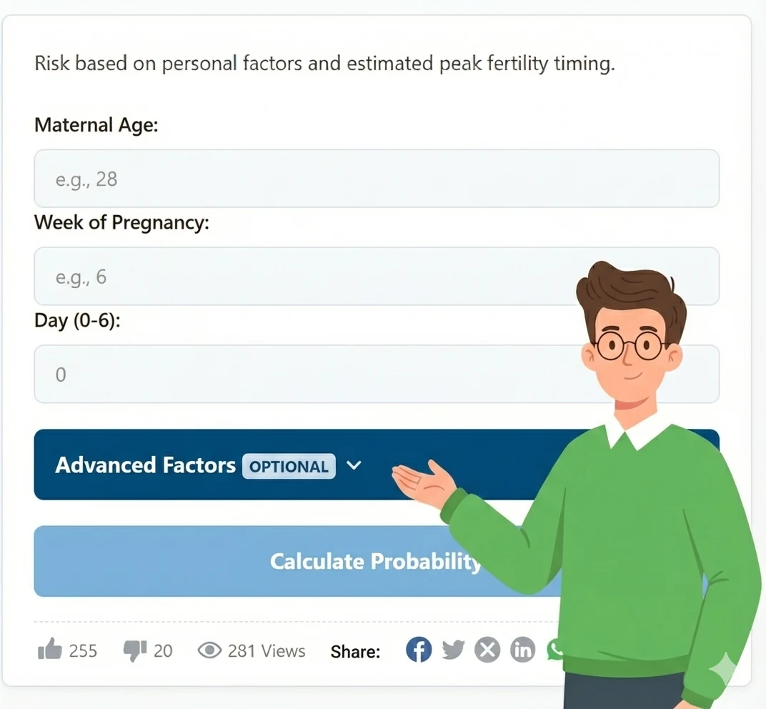 Illustration of an online miscarriage risk calculator interface. A cartoon character points to input fields for "Maternal Age," "Week of Pregnancy," and "Day," alongside a "Calculate Probability" button.