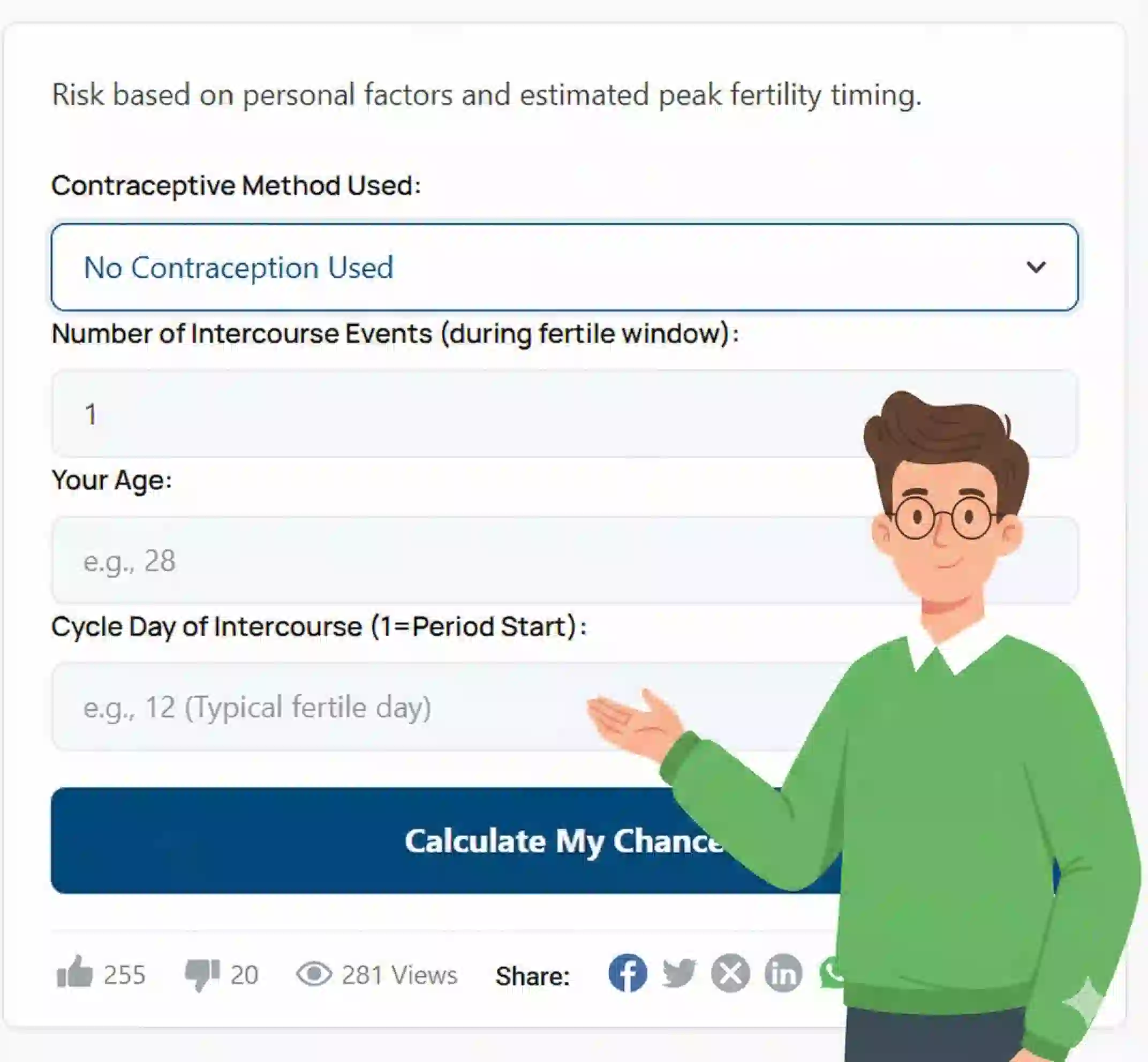 Illustration of an online fertility and pregnancy chance calculator interface, showing input fields for contraceptive method, intercourse events, age, and cycle day, with a cartoon character pointing to the 'Calculate My Chance' button.