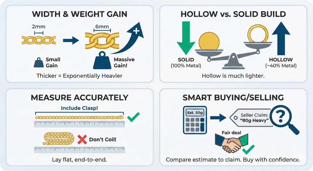 Four-panel infographic illustrating 14K gold chain weight insights: how width exponentially increases weight, the significant weight difference between solid vs hollow builds on a scale, correct measuring technique (laid flat including clasp), and using calculator estimates to verify seller claims before buying or selling.