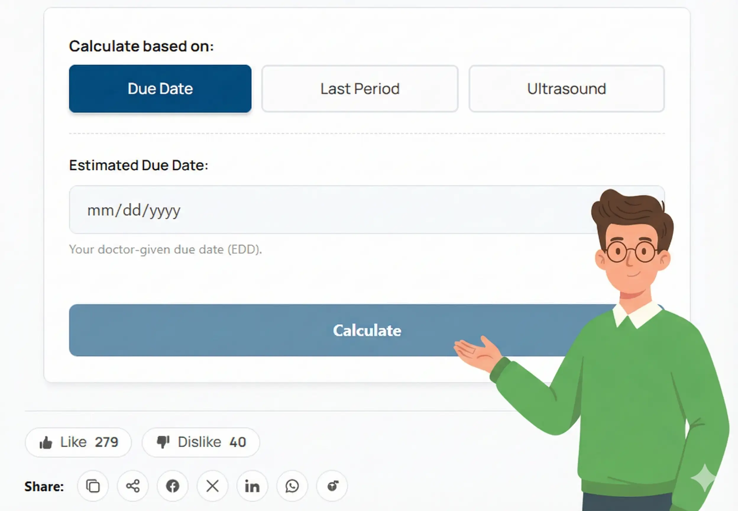 Conception Date Due Date Calculator interface with 'Conception / Ovulation' mode selected, showing an input for ovulation date to calculate due date, guided by the 100calc mascot.