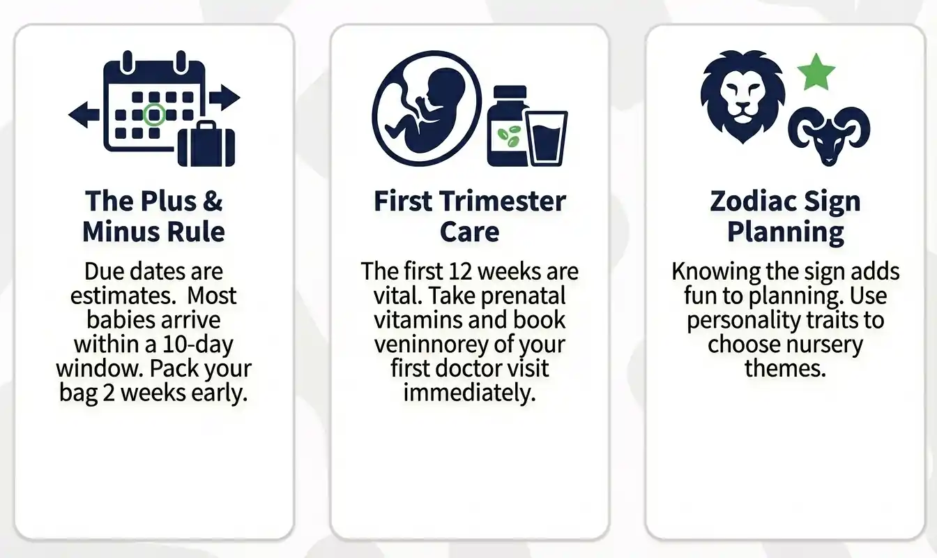 Infographic showing three pregnancy planning tips: The Plus and Minus Rule (Due Date Accuracy), First Trimester Care essentials, and Zodiac Sign planning.