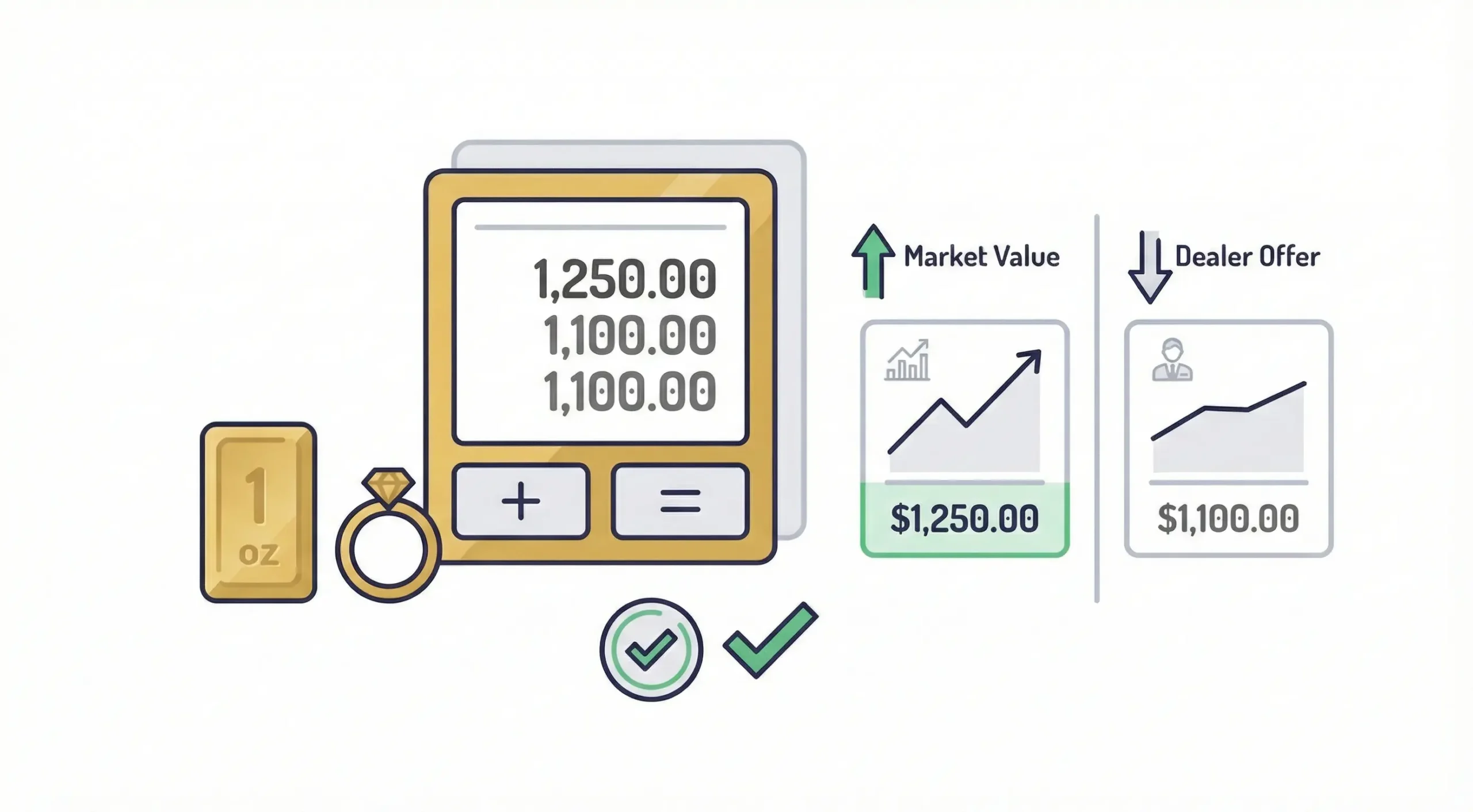 Illustration showing gold calculator results comparing market value and dealer offer for informed gold pricing decisions.