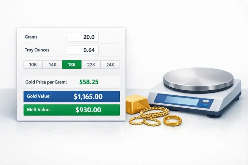Gold calculator showing gold weight in grams and ounces with karat purity and value calculation