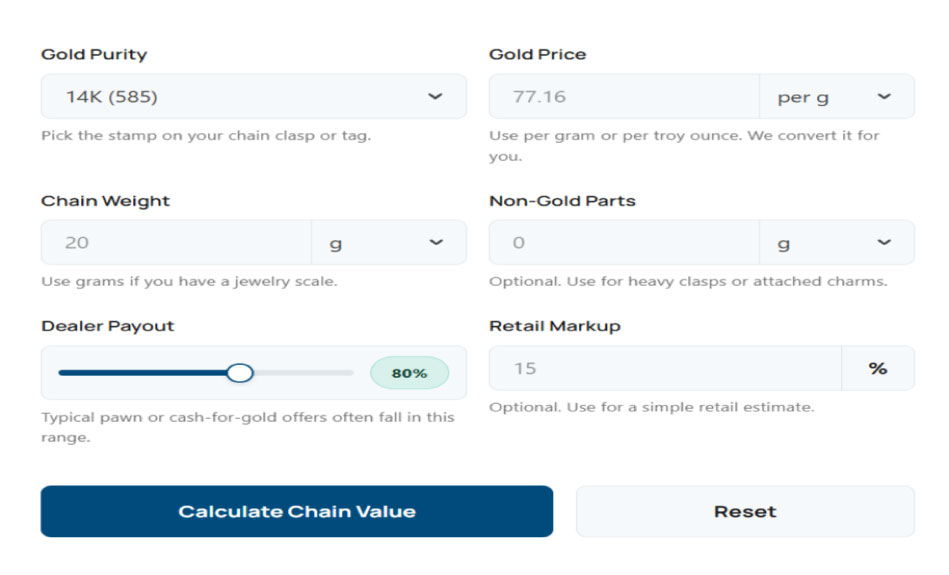 Interface of the interactive Gold Chain Value Calculator showing input fields for weight, karat purity, and the final melt value result panel.