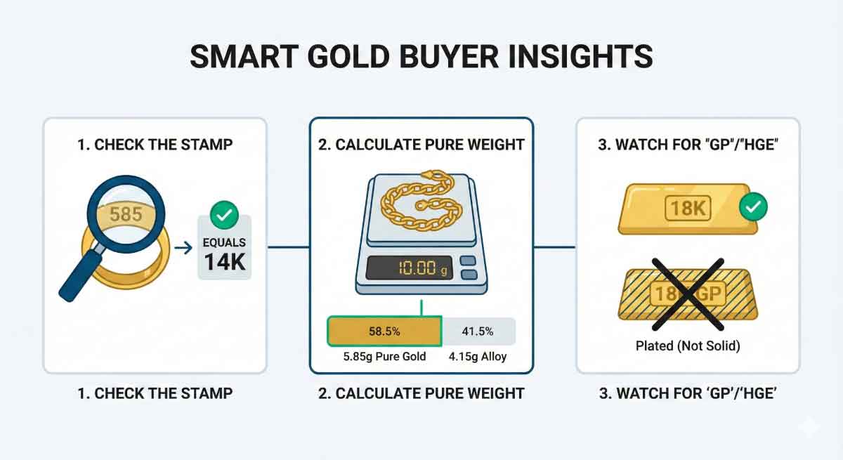 Educational illustration comparing a solid gold ring stamped 585 with a gold-plated ring stamped 14K GP. Visual guide to identifying authentic jewelry stamps and understanding weight differences for accurate valuation.