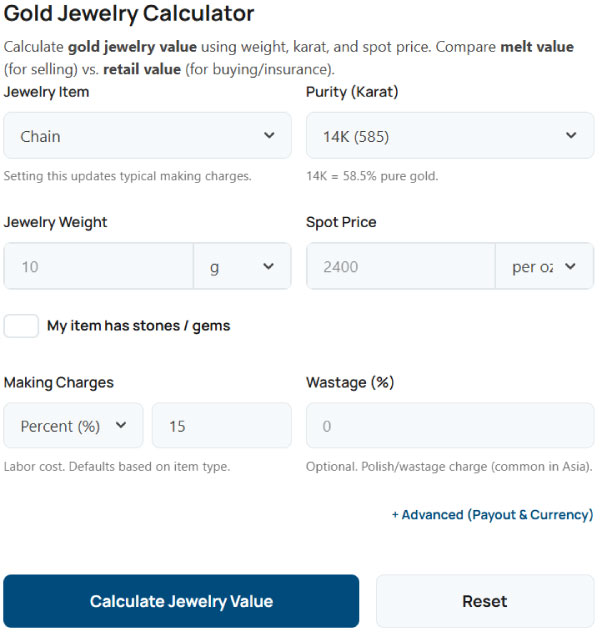 Screenshot of the 100calc Gold Jewelry Calculator interface showing input fields for weight, purity, and stone subtraction, with result panels for melt value and cash offers.