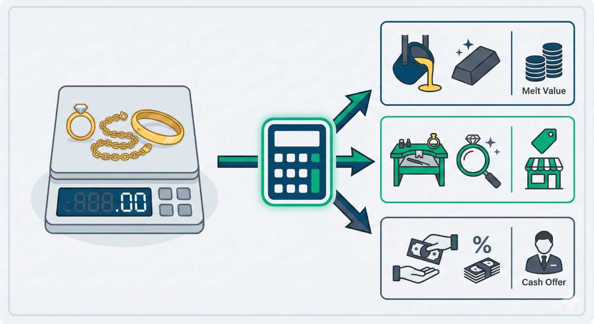 Illustration of a digital scale weighing gold rings and chains, connected to a calculator that splits results into melt value, retail estimate, and cash offer icons.