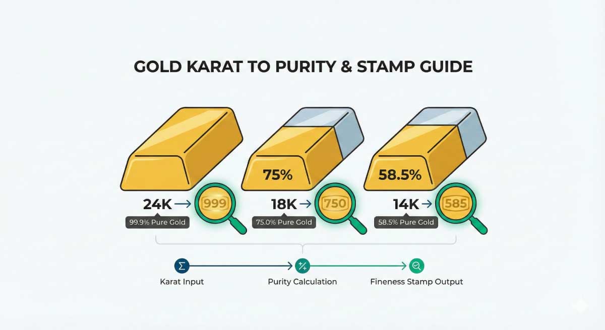 Infographic illustrating the Gold Karat Calculator process: converting standard 24K, 18K, and 14K values into their corresponding purity percentages (99.9%, 75%, 58.5%) and fineness stamps (999, 750, 585).