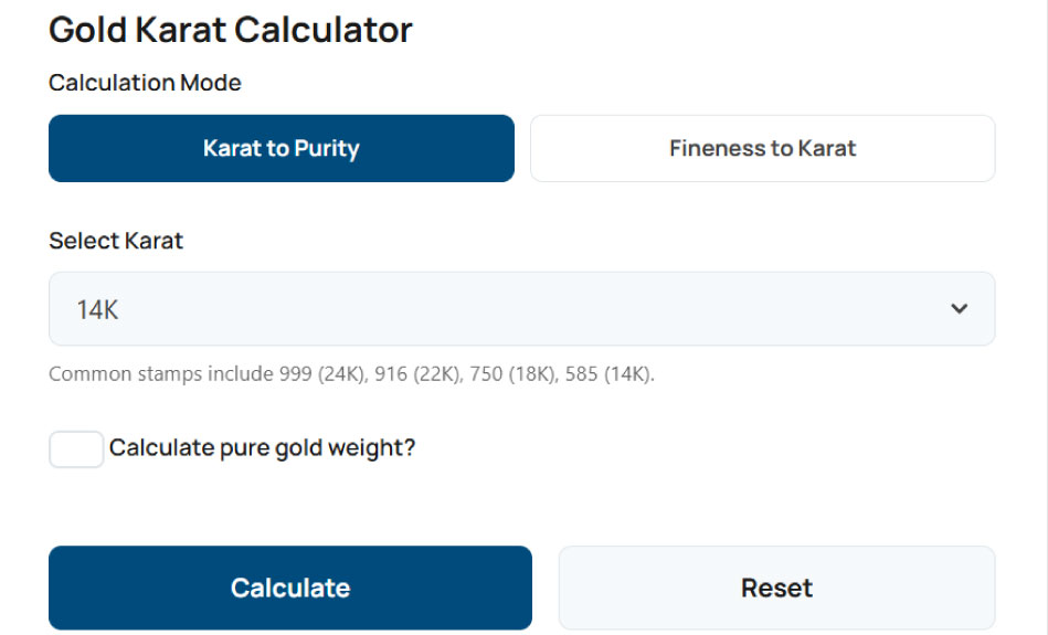 Screenshot of the 100calc Gold Karat Calculator interface showing the Karat to Purity mode, inputs for weight and fineness, and the results panel displaying 14K, 58.5% purity, and the 585 stamp meaning.
