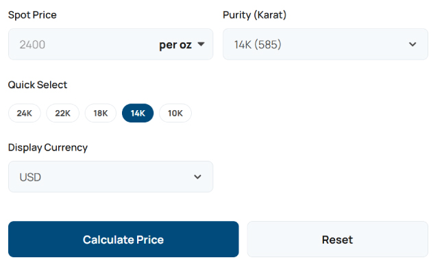 Screenshot of the gold price per gram calculator interface showing inputs for spot price, karat purity selection, and instant value results.
