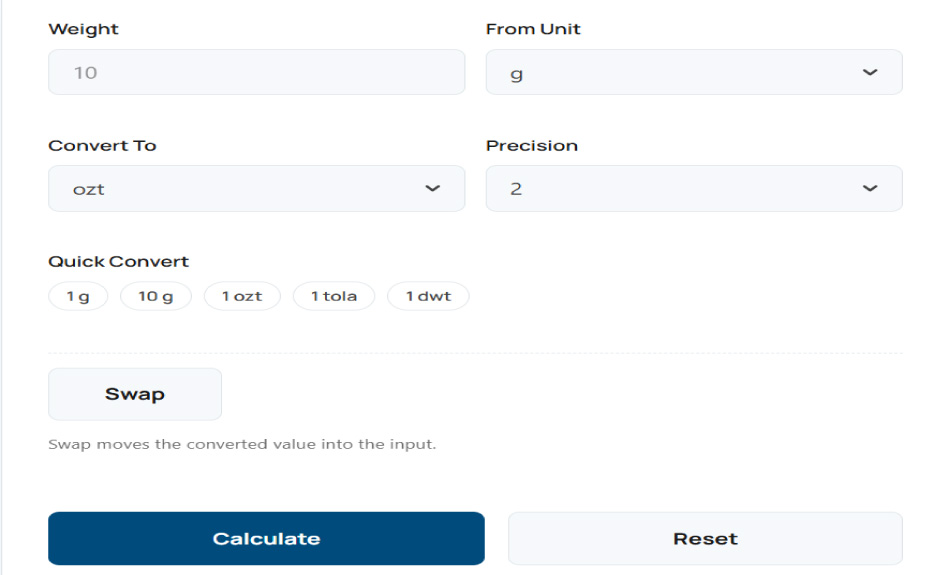 Gold weight converter tool interface on 100calc.com displaying weight input, unit dropdowns for grams and troy ounces, and instant calculation results.