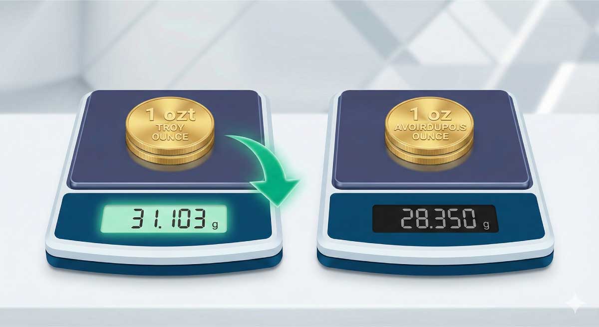 Gold weight converter comparison showing 1 troy ounce (31.103g) versus 1 regular ounce (28.350g) on digital scales.
