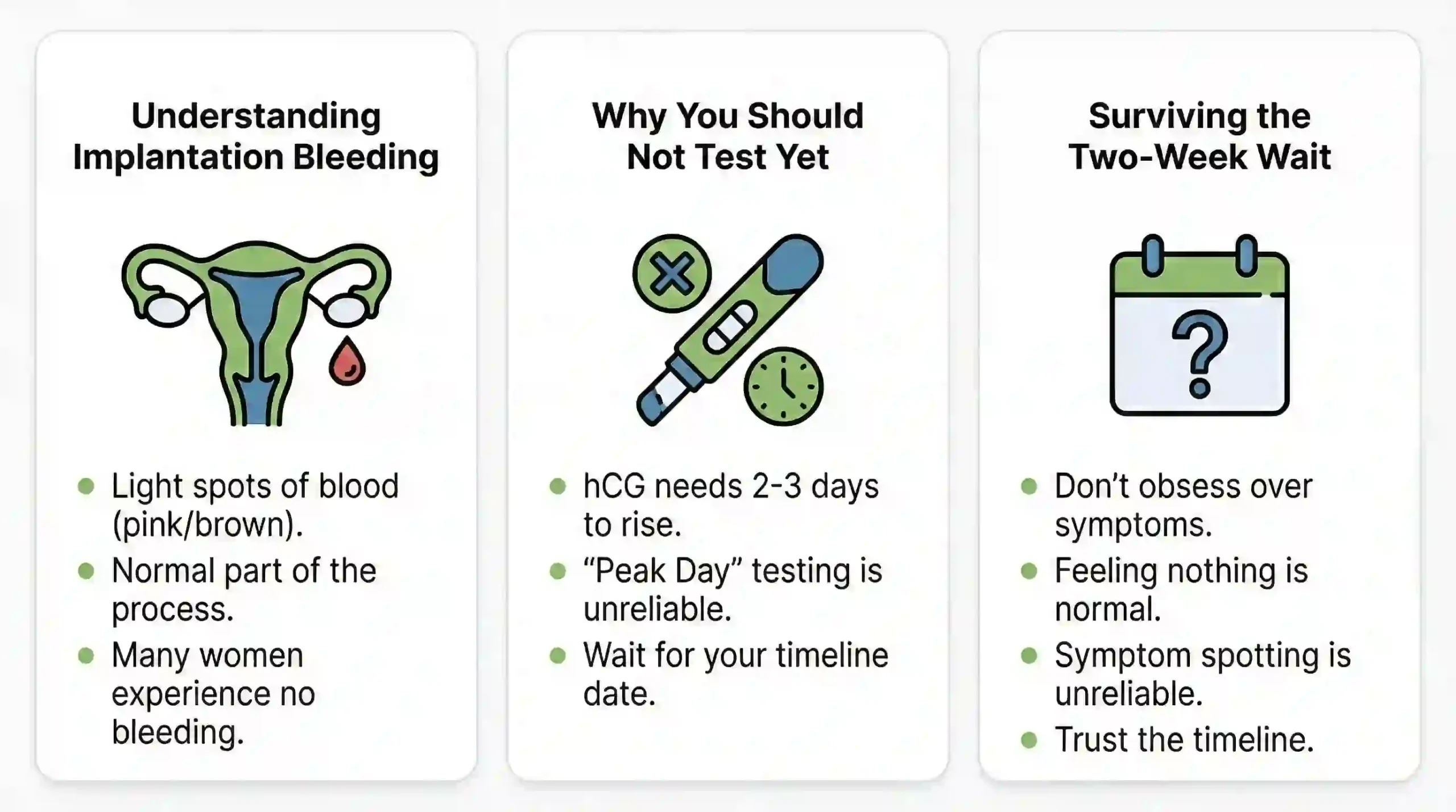 100calc guide on understanding implantation bleeding symptoms vs period, why to avoid early pregnancy testing, and tips for surviving the two-week wait.