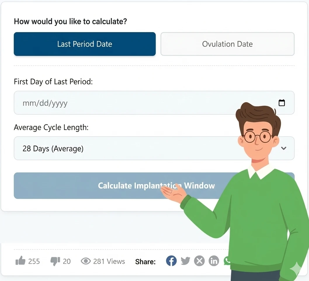 Implantation calculator interface by 100calc showing last period date inputs and probability results with mascot guide.