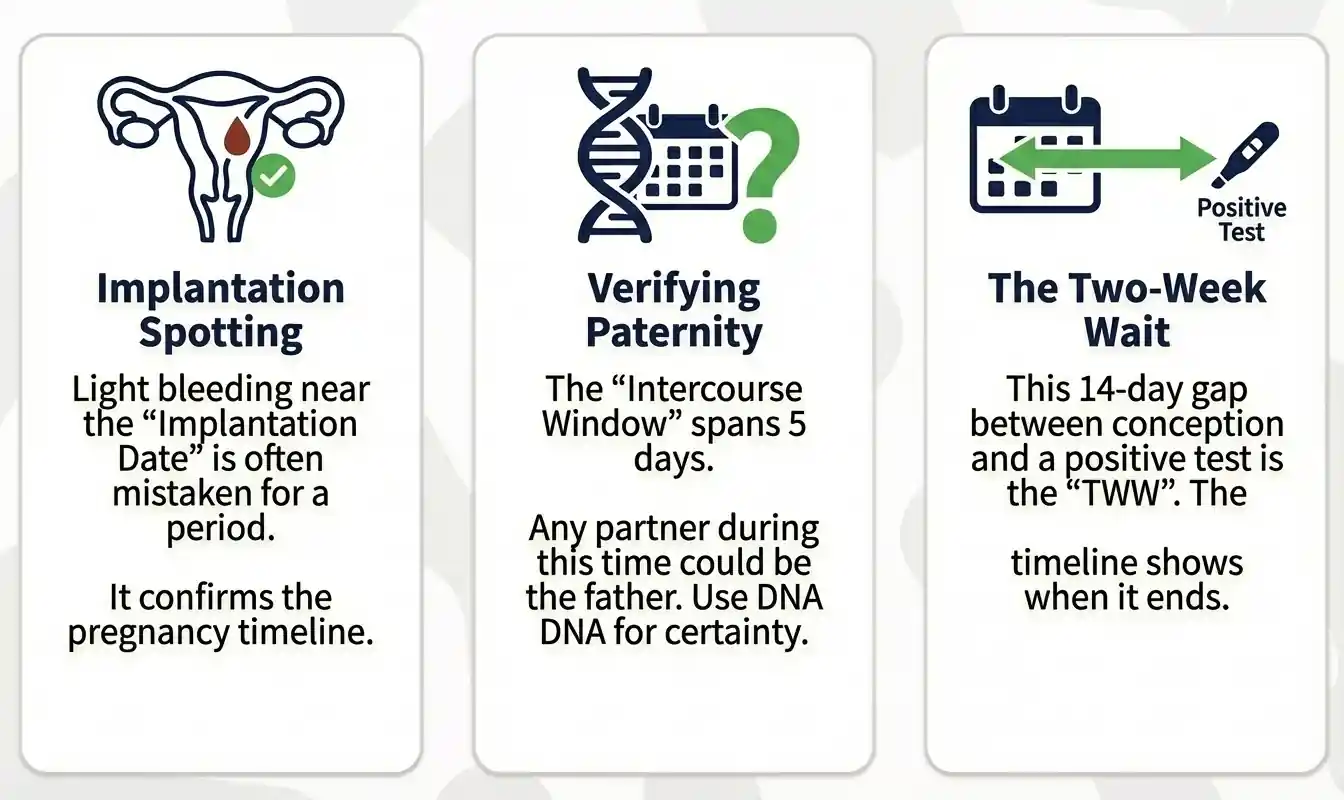 Infographic showing how to identify implantation spotting vs. period, understanding the 5-day paternity window, and when the Two-Week Wait (TWW) ends.