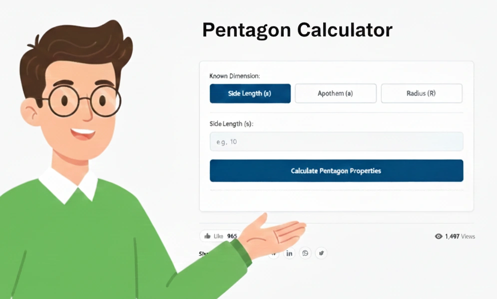 A friendly, modern illustration of a young man with glasses gesturing towards a Pentagon Calculator user interface, allowing users to select known dimensions like Side Length, Apothem, or Radius to calculate pentagon properties.