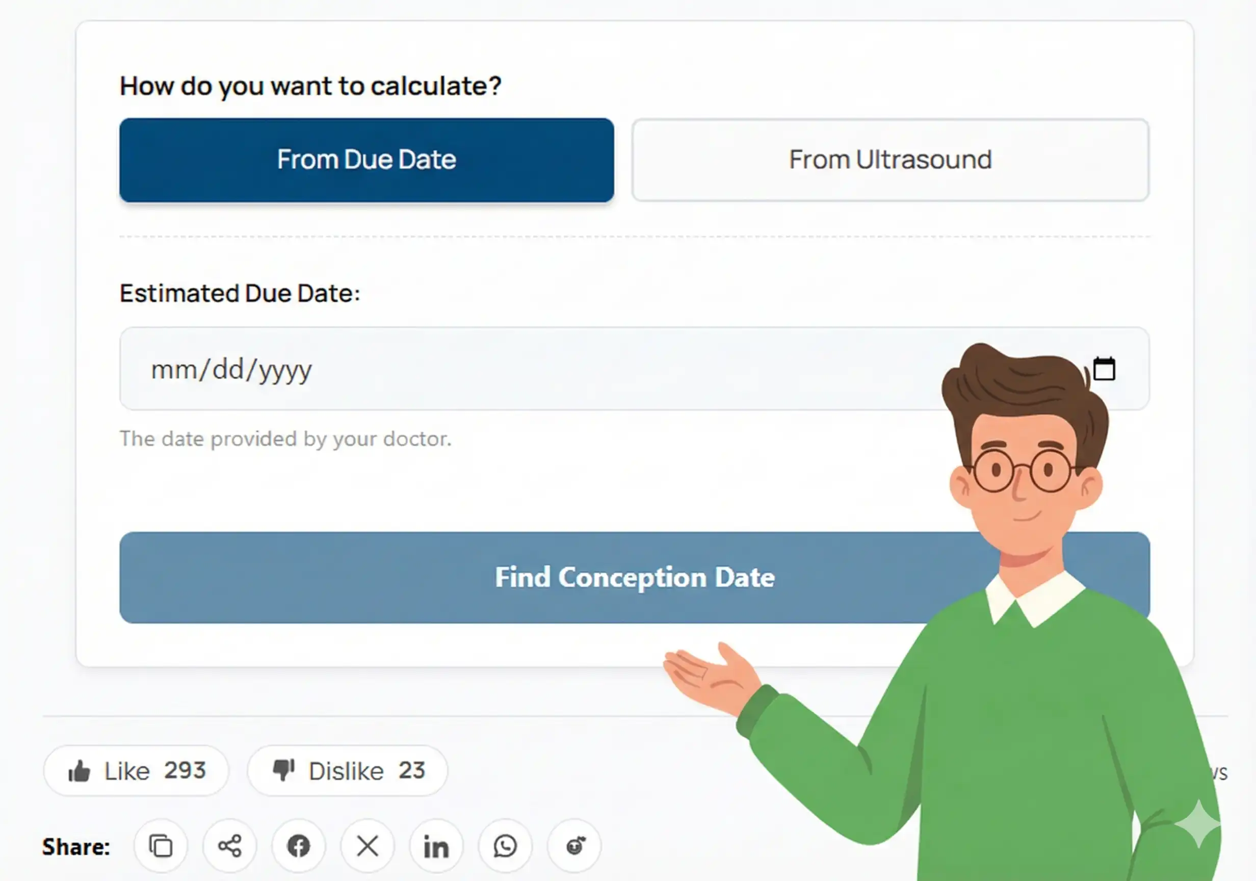 Reverse Due Date Calculator interface showing the 'From Due Date' input method to find conception date, guided by the 100calc mascot.