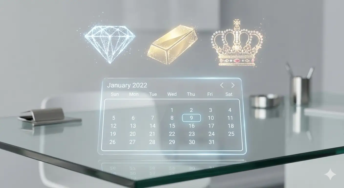 Minimalist digital calendar concept overlayed with sparkling Diamond, Gold Bar, and Crown icons representing premium dates or high-value milestones.