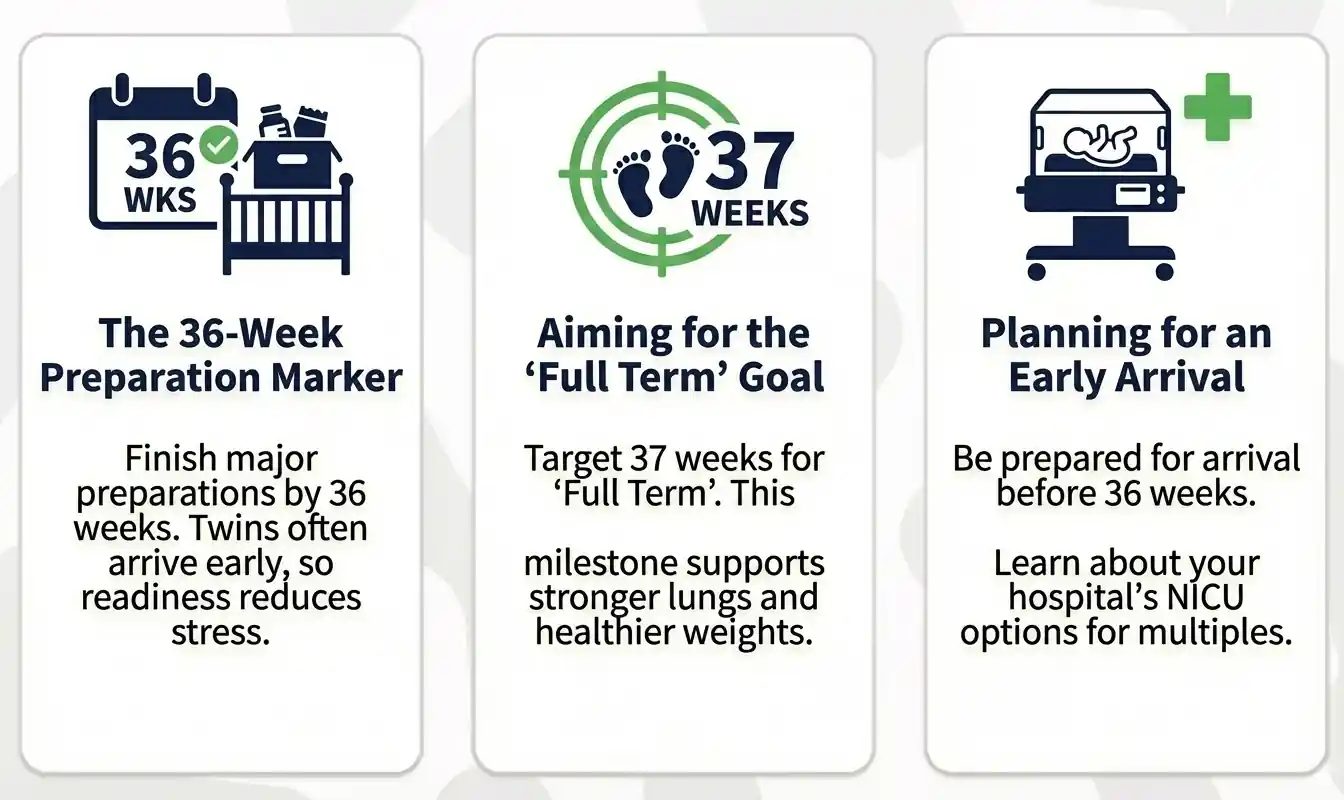 Infographic showing three twin pregnancy milestones: Finish nursery prep by Week 36; Aim for Week 37 as Full Term; and Understanding the possibility of Early Arrival and NICU care.