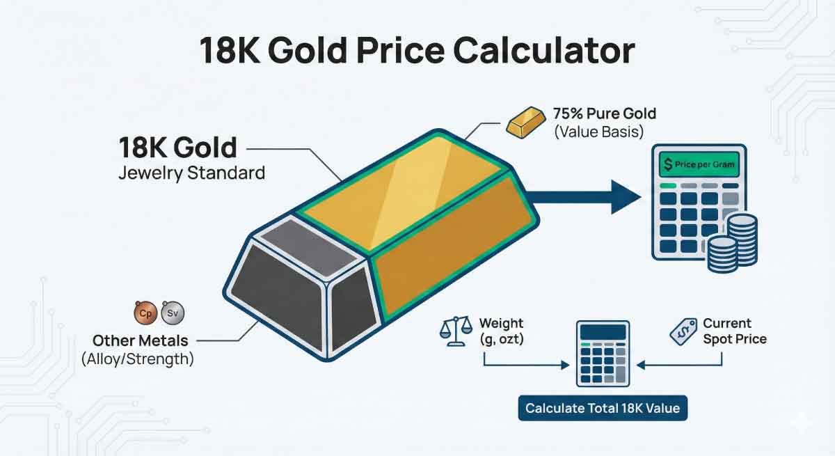 Illustration explaining the 18K gold price calculator logic, showing the 75% pure gold content versus alloy metals used to determine jewelry value.