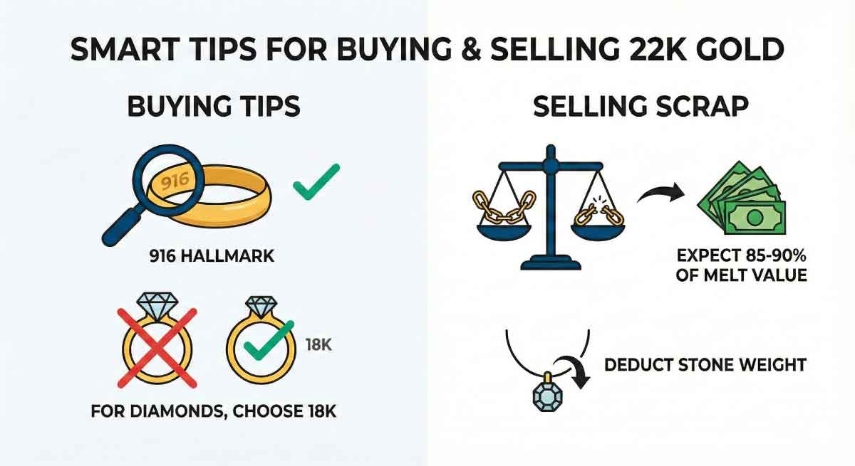 Infographic showing tips for buying 22K gold jewelry and selling 22K scrap gold, including checking for the 916 hallmark and deducting stone weight.