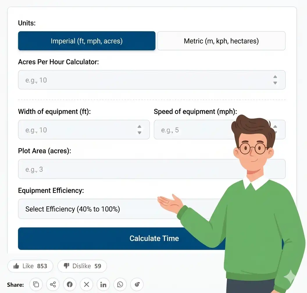 Acres Per Hour Calculator on 100calc.com featuring inputs for equipment width, speed, and plot area with efficiency settings, introduced by the boy mascot.