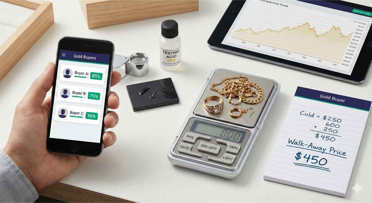 Illustration showing the difference between selling scrap gold to a pawn shop versus a professional dealer, emphasizing the need to compare payout rates and fees using a calculator.