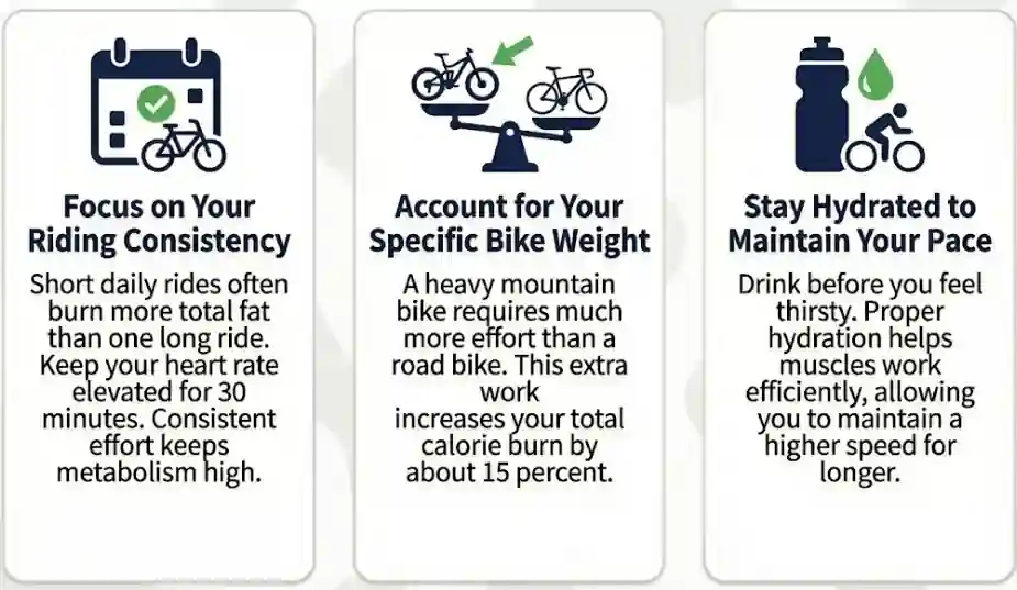 Infographic showing 3 cycling fitness tips: Maintain riding consistency for metabolism; Account for heavier mountain bikes burning 15% more calories; and Stay hydrated to maintain speed.