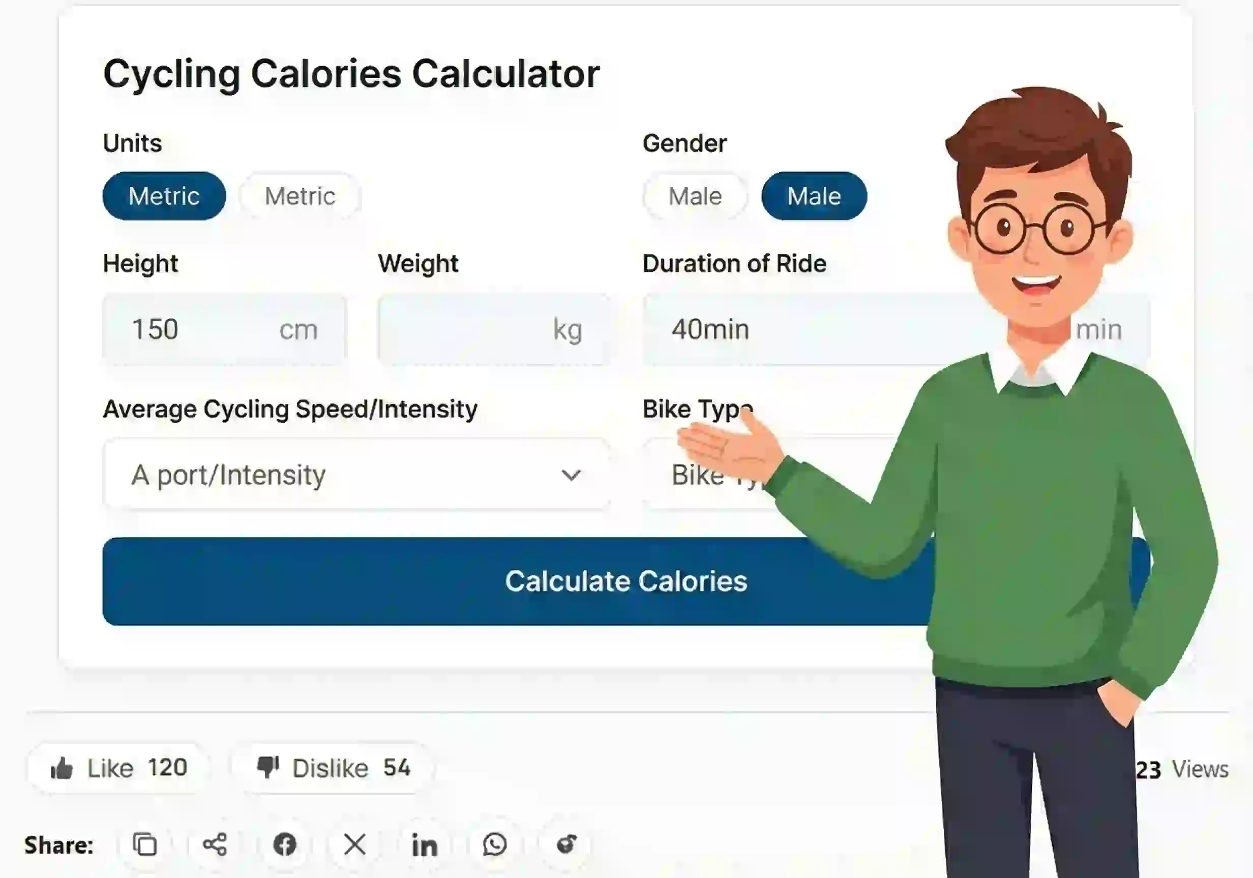 Cycling Calories Calculator interface showing inputs for ride duration, speed intensity, and bike type, featuring the 100calc boy mascot pointing to the calculate button.