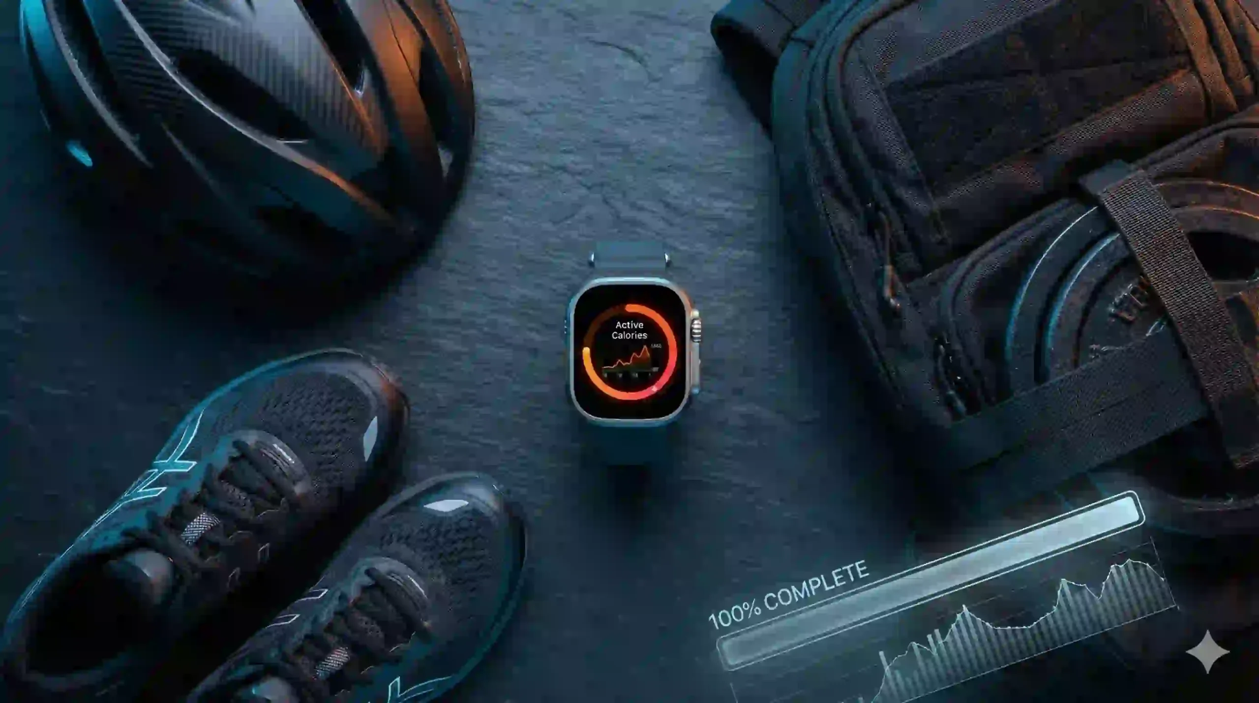 A high-end athletic flat-lay on a dark slate background featuring a smartwatch with a glowing activity ring, premium running shoes, a carbon-fiber cycling helmet, and a rucking backpack with a technical digital overlay.