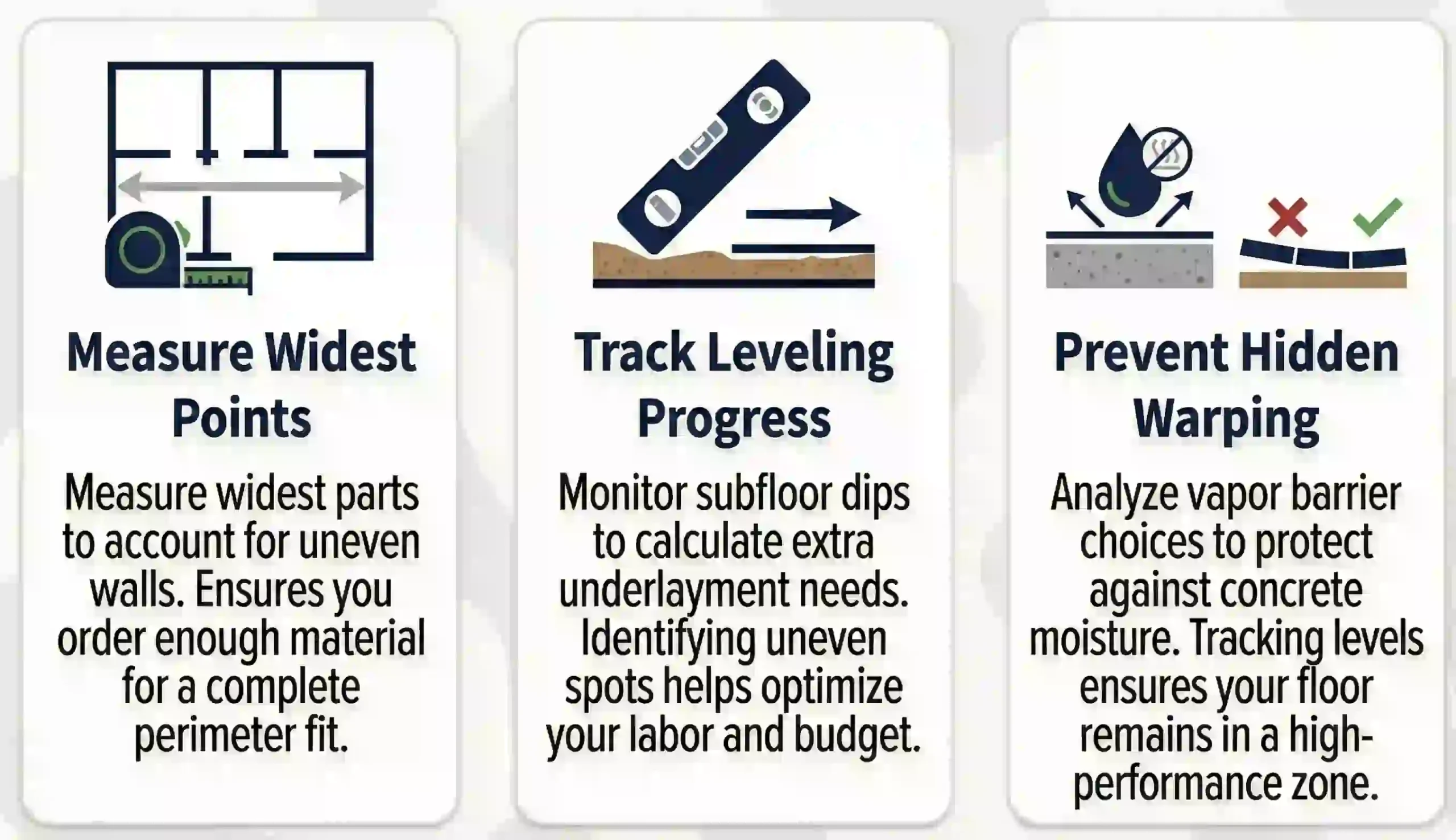 Renovation infographic with 3 flooring tips: Measuring from the widest points for accuracy, tracking subfloor leveling progress, and checking for hidden moisture issues in concrete slabs.